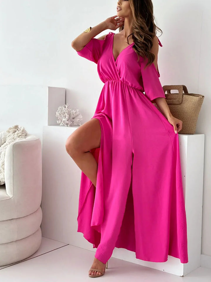 Feminine elegant cold-shoulder maxi dress. A versatile long party dress for women.
