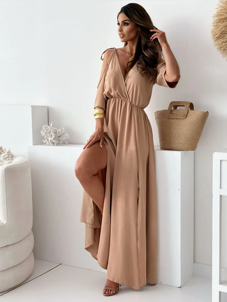 Versatile women's cold-shoulder maxi dress, ideal for elegant parties or casual chic summer comfort.