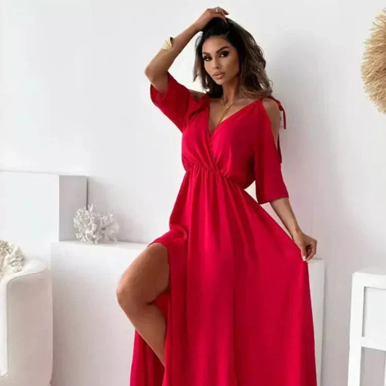 Comfortable flowy cold-shoulder maxi dress for women, a stylish long dress for summer events.