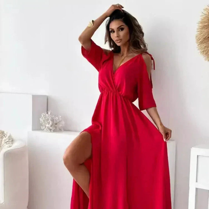 Comfortable flowy cold-shoulder maxi dress for women, a stylish long dress for summer events.