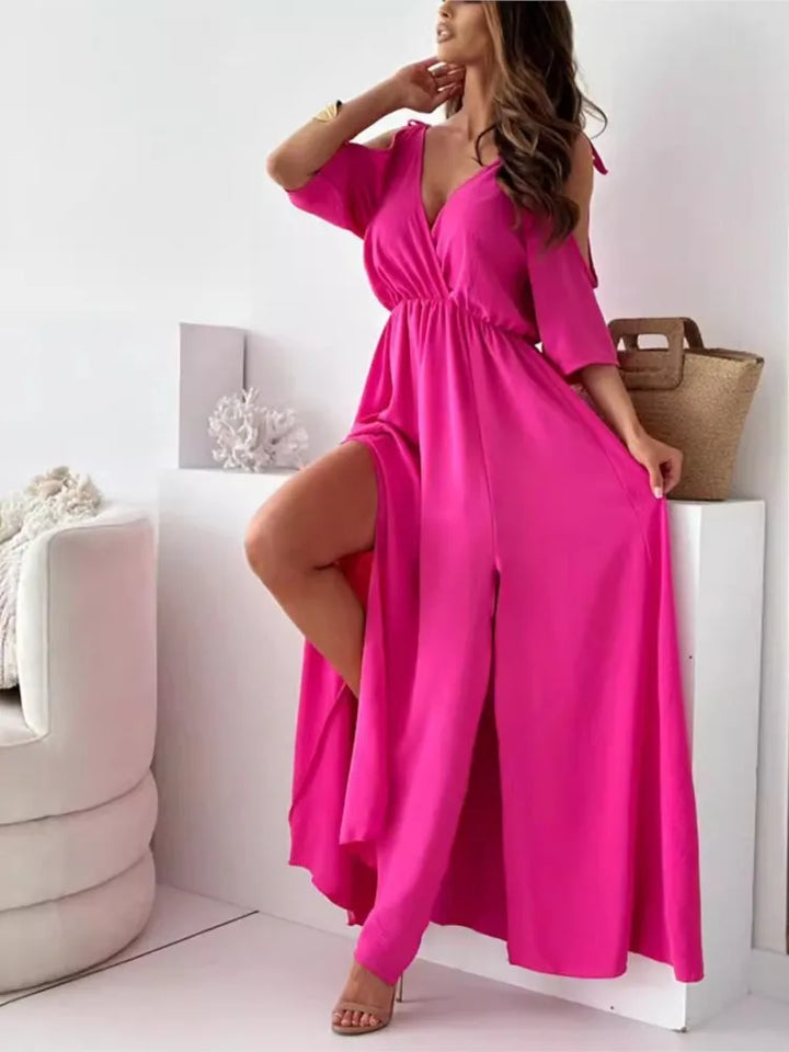 Comfortable women's cold-shoulder maxi dress. Elegant party dress with a flowy, feminine design.