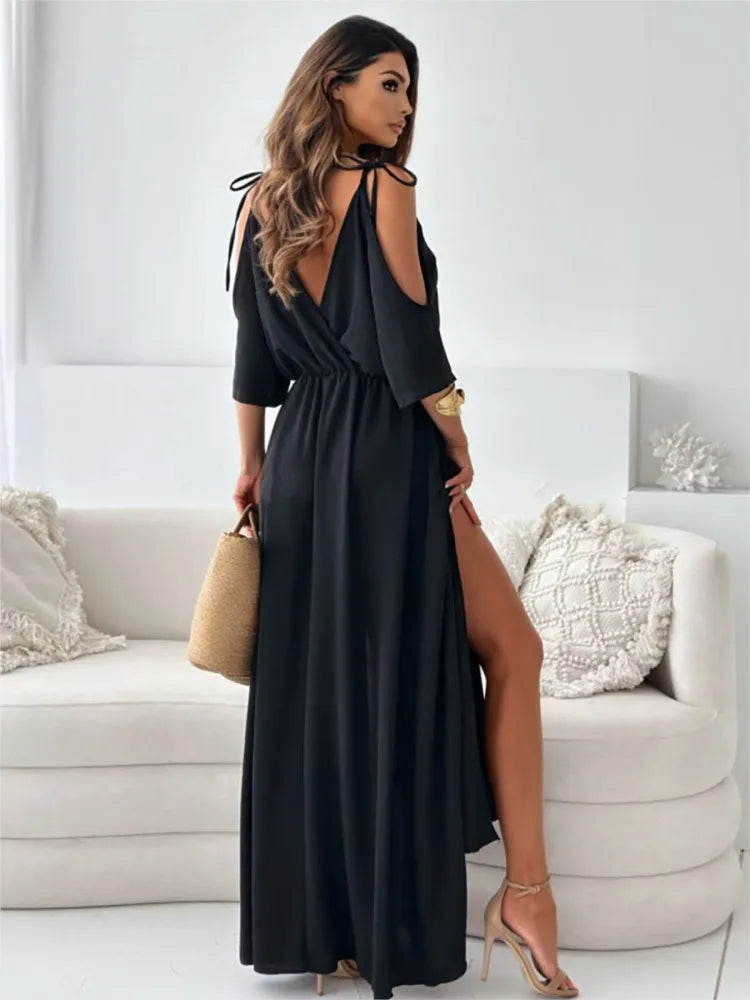 Stylish women's cold-shoulder maxi dress, a long flowy summer dress perfect for elegant events.