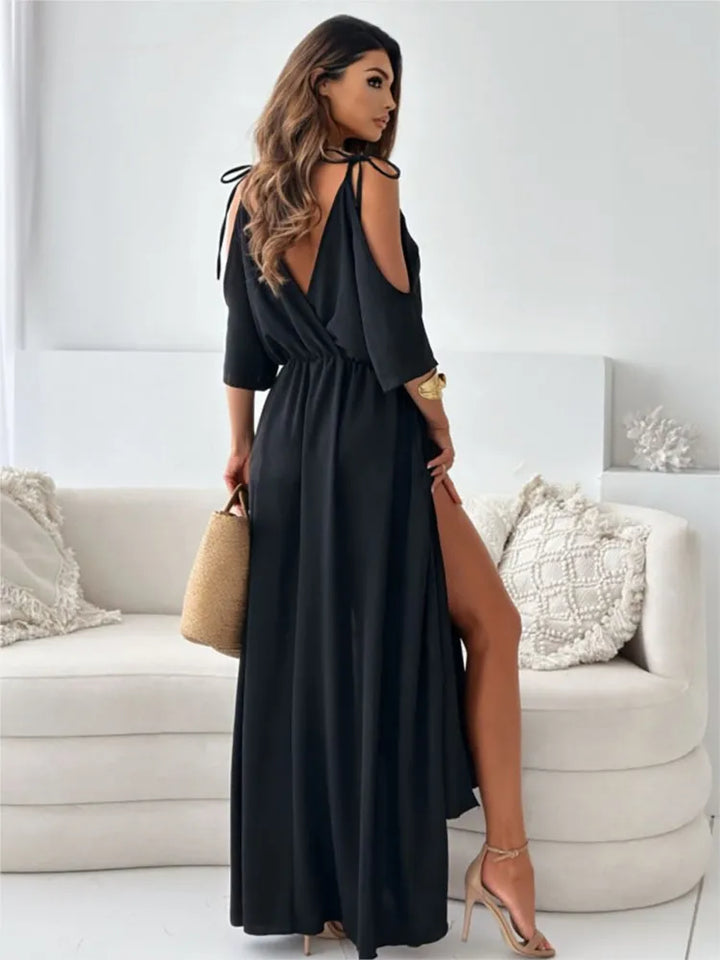Stylish women's cold-shoulder maxi dress, a long flowy summer dress perfect for elegant events.