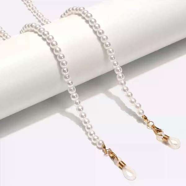 Cream faux pearl glasses chain, 28 inch, for women. Elegant eyewear neck holder, perfect fashion gift.