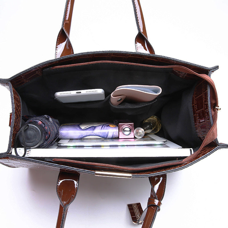 Chic crocodile embossed handbag, shoulder bag & wallet set. PU leather, luxury women's accessory.