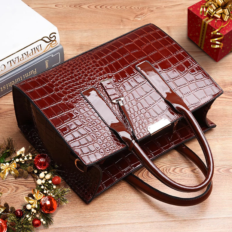 Gift for her: complete crocodile embossed handbag, shoulder bag, and wallet set. Luxury PU leather.