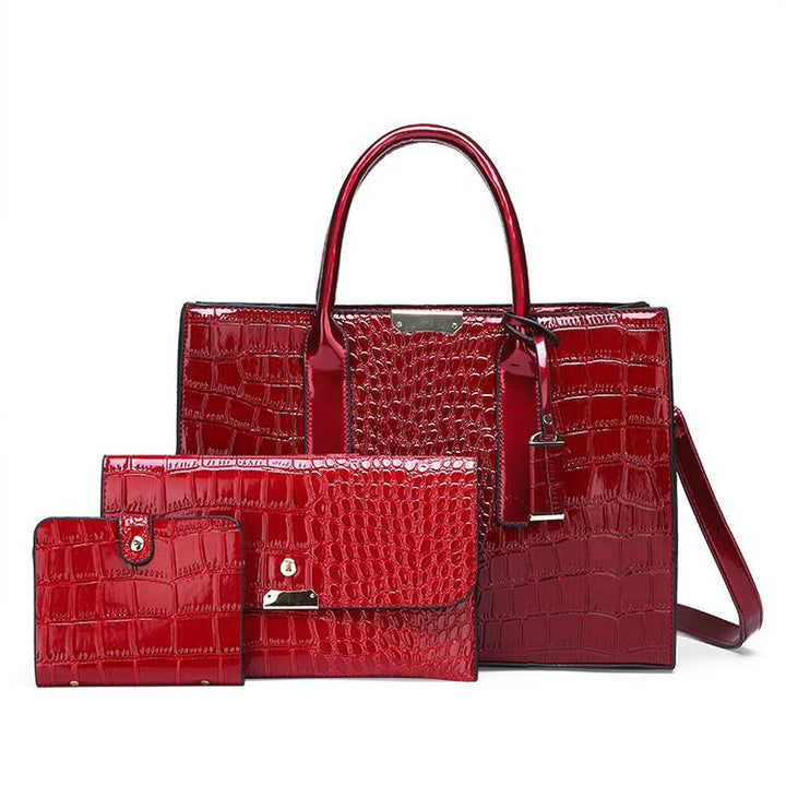 Complete set: crocodile embossed handbag, shoulder bag, and matching wallet. Luxury PU leather.