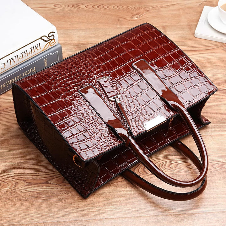 Front view of a women's elegant crocodile print shoulder bag. PU leather, stylish & versatile.