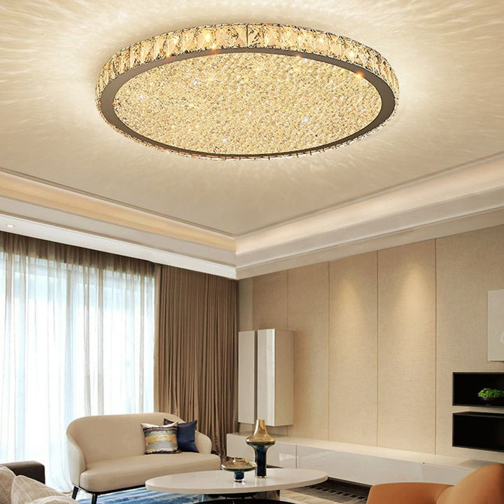 Modern round crystal ceiling light, a stylish flush mount LED lamp for indoor lighting.