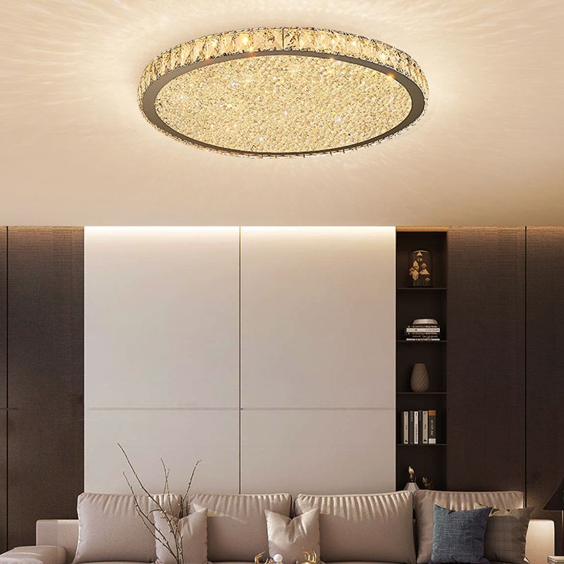 Crystal round flush mount ceiling light, an elegant LED indoor lamp for contemporary spaces.
