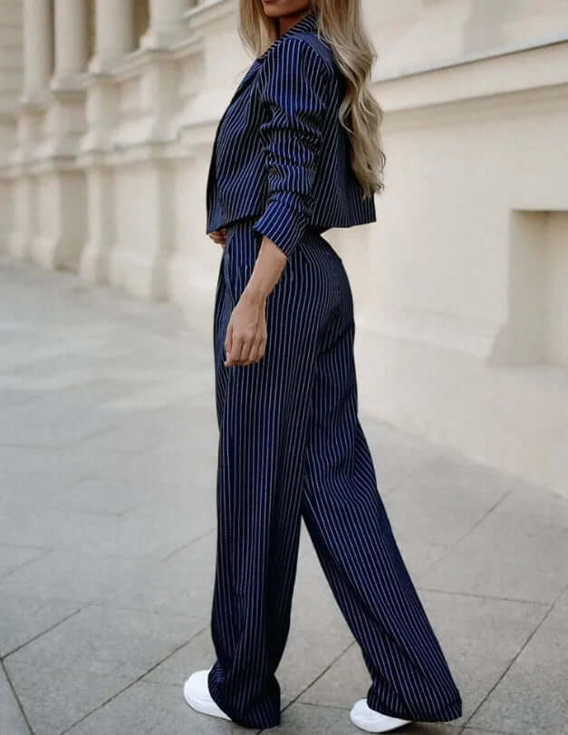 Chic dark blue women's two-piece set, a versatile elegant outfit for both professional and casual wear.