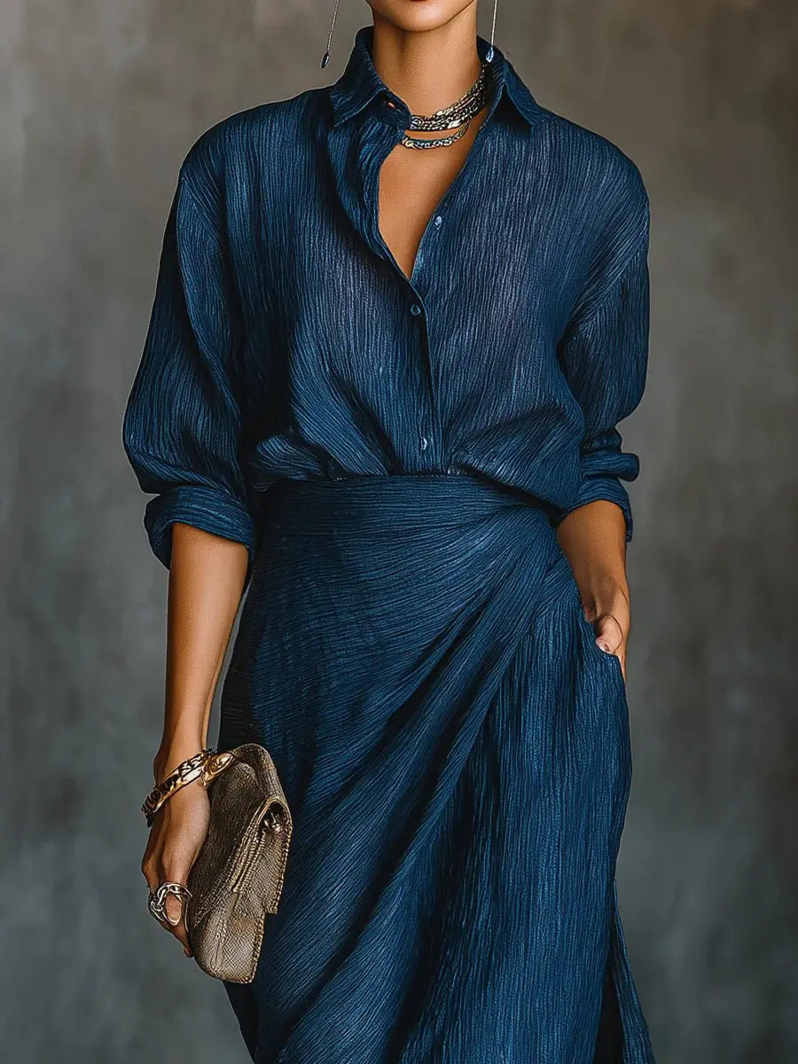 Women's modest dark blue V-neck maxi dress with long sleeves. Ideal for elegant casual-formal occasions & versatile fashion.