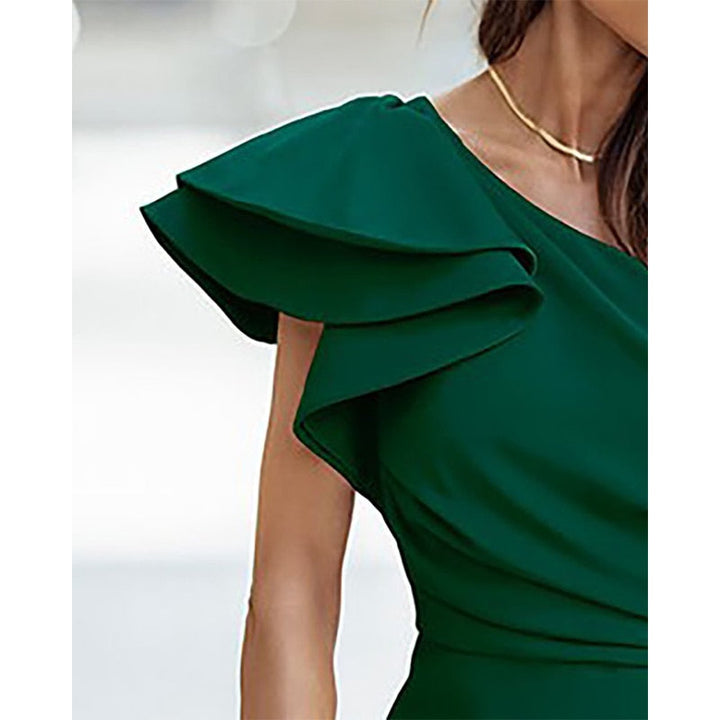 Dark green one shoulder women's midi dress with a trendy ruffle, split, and asymmetric hem. Great for special occasions.