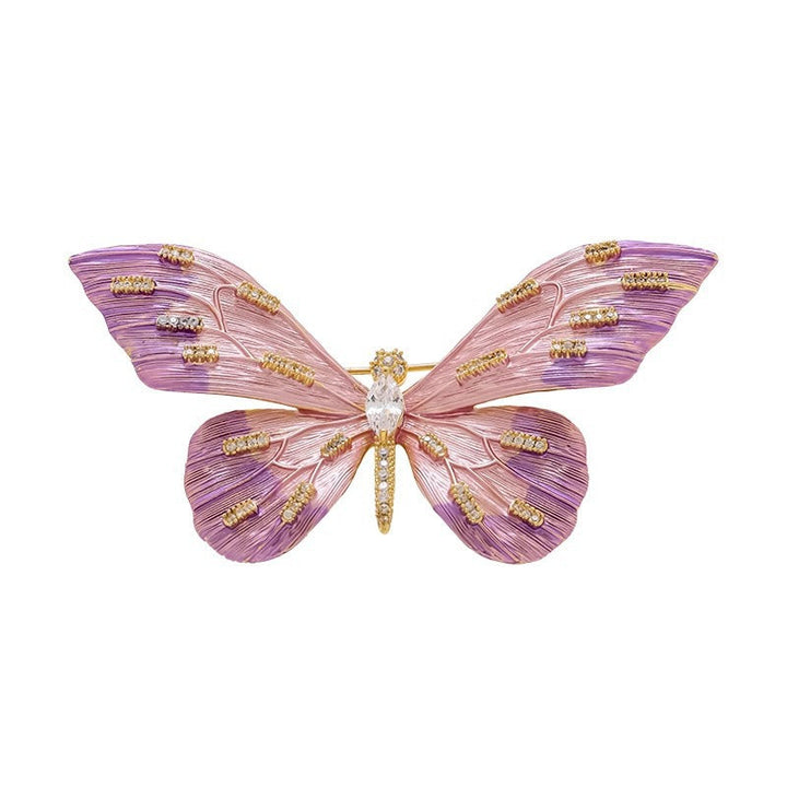 Women's elegant butterfly brooch with sparkling crystals, a fashionable purple accessory.