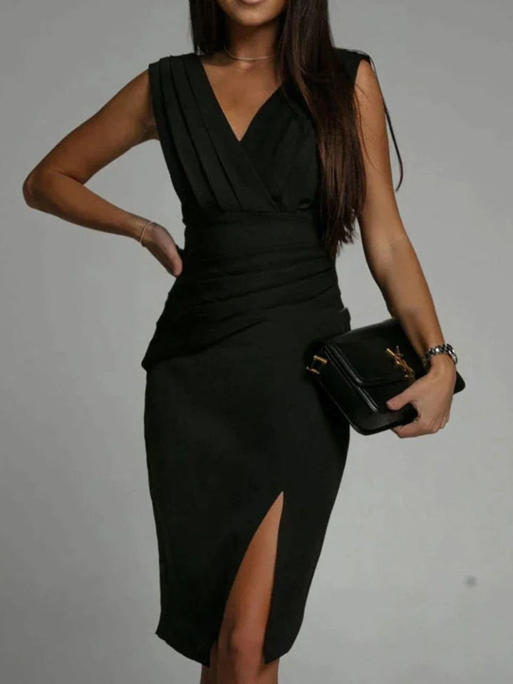 Black elegant deep V-neck women's evening dress, a sophisticated formal maxi gown for any special occasion.
