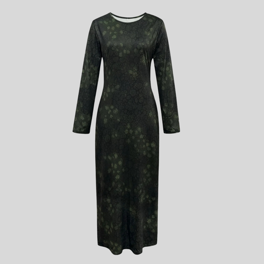 Stylish women's long floral maxi dress, Elara, showcasing its elegant pattern and comfortable fabric for everyday wear.