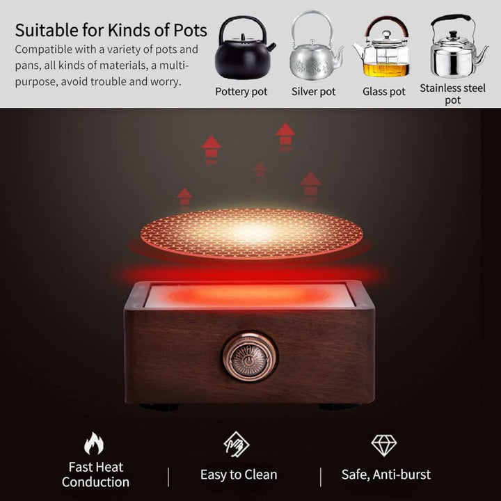 Close-up of electric tea warmer showing detailed walnut base & control panel for temperature adjustment.