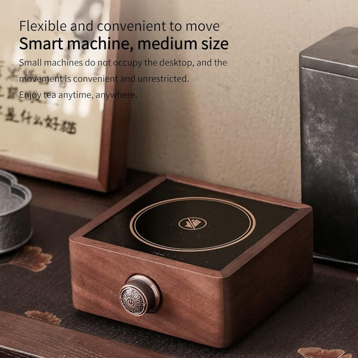 Electric tea warmer with walnut base warming a teapot, creating an inviting home beverage station.