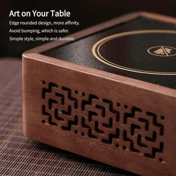Keep tea hot with this electric warmer; a beautiful walnut base design for cozy home tea accessories.
