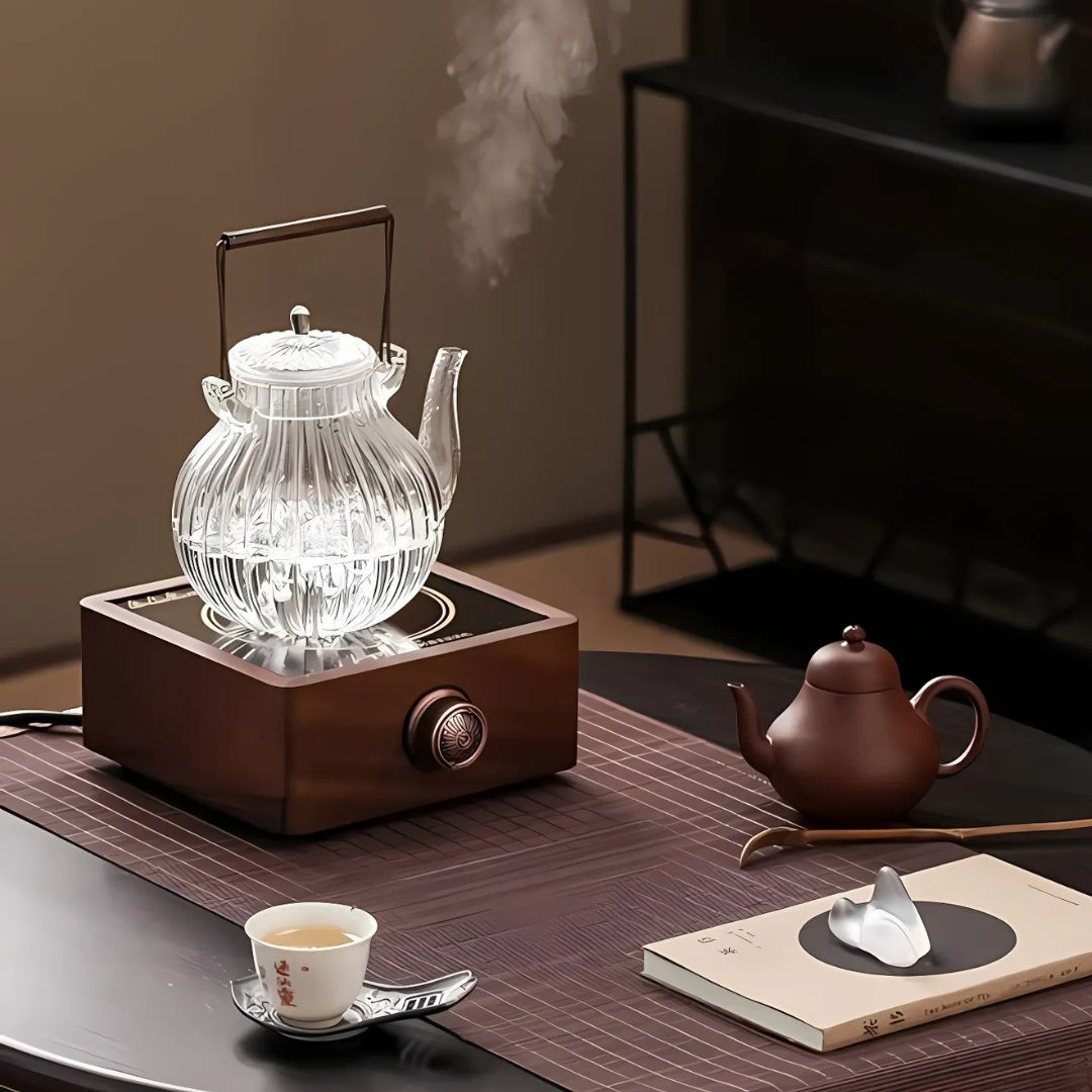 Versatile electric tea warmer, elegant walnut base, adjustable for various hot drinks & home decor.