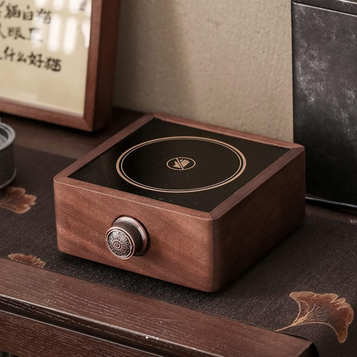 Premium home electric tea warmer, walnut wood design, digital adjustable temp for perfect tea brewing.