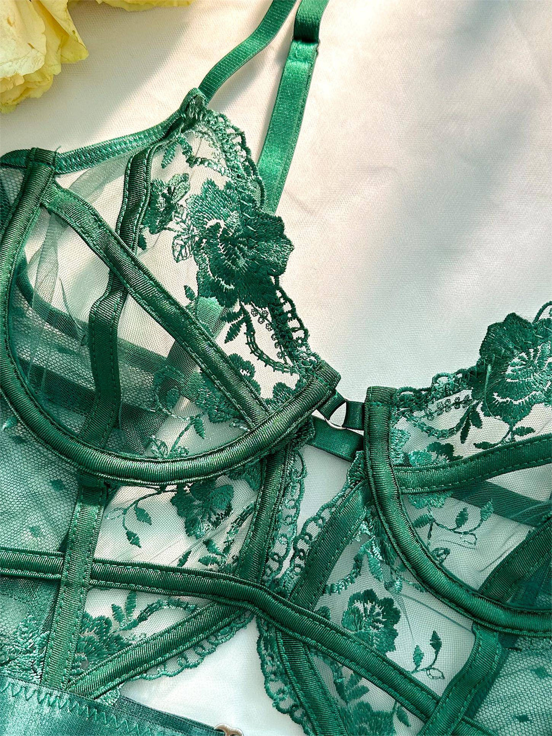 Comfortable women's emerald green underwire bodysuit. Supportive and flattering lingerie, perfect for intimate apparel.