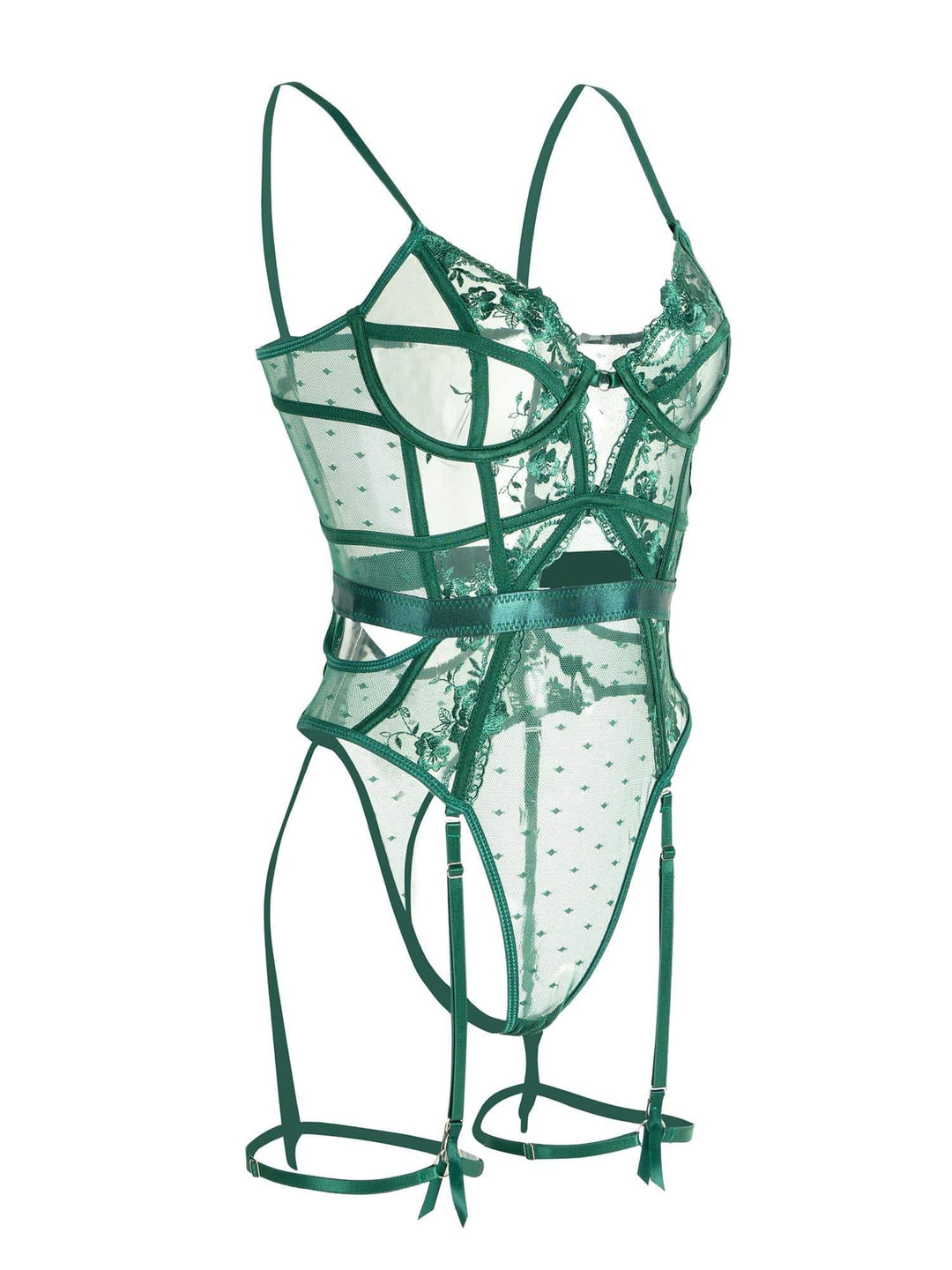 Women's emerald green underwire bodysuit, elegant intimate apparel. Features supportive underwire for a flattering fit.