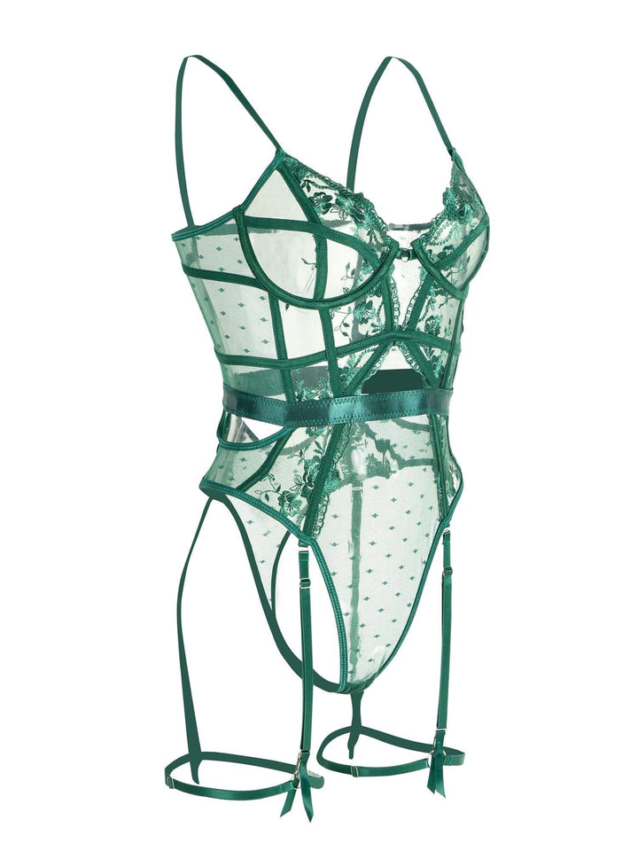 Women's emerald green underwire bodysuit, elegant intimate apparel. Features supportive underwire for a flattering fit.