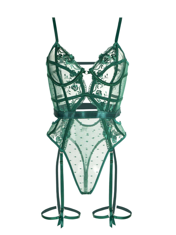 Stunning emerald green women's bodysuit with underwire. Elegant, comfortable lingerie, versatile intimate apparel choice.