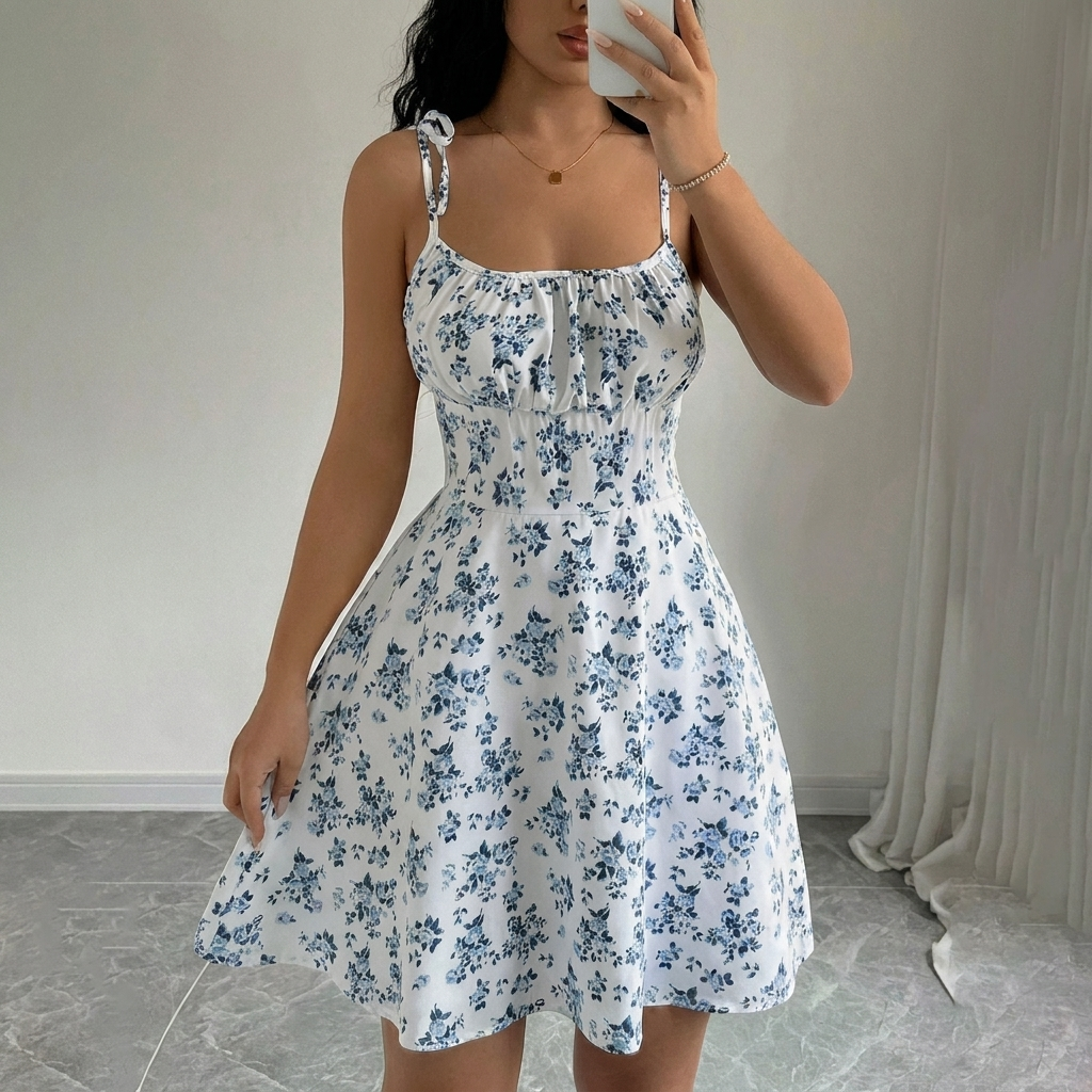 Women's feminine floral A-line summer dress. Elegant spring fashion, casual midi dress, vacation ready.