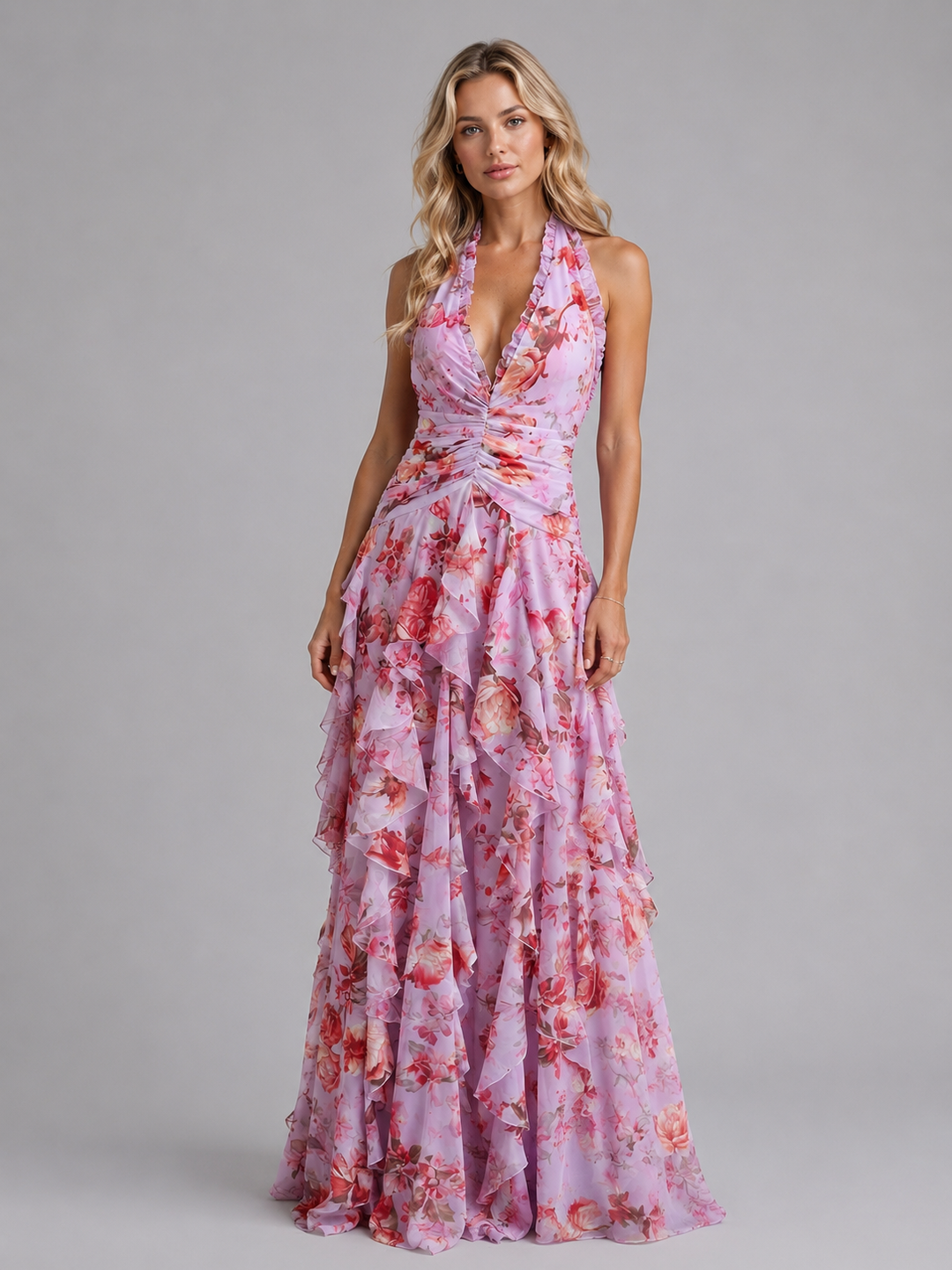 Elegant floral halter maxi dress for women, perfect for wedding guests or summer garden parties.