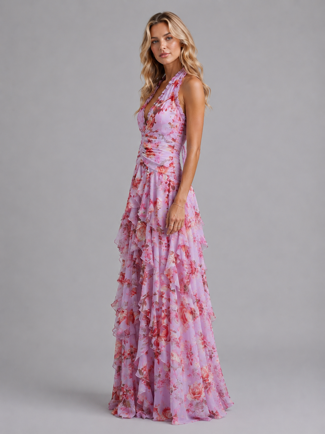 Beautiful women's floral print maxi dress, a stylish halter neckline option for summer weddings.
