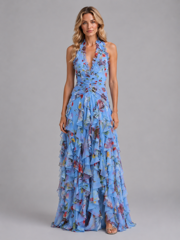 Romantic floral maxi dress with halter top for women, perfect for formal events & garden parties.