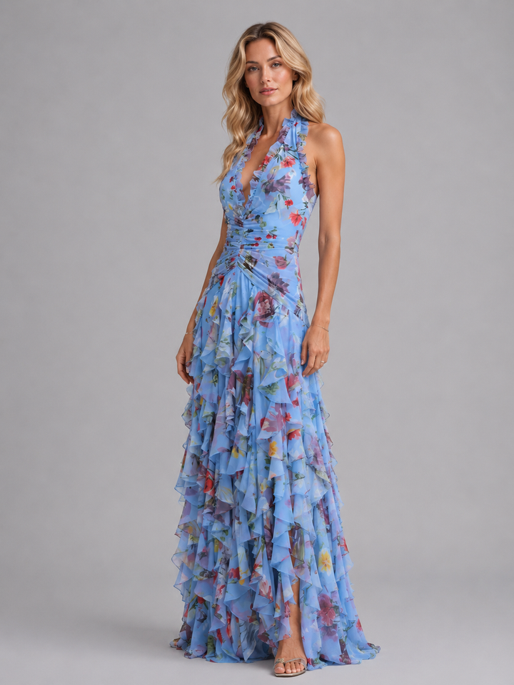 Stunning floral halter maxi dress, a chic and comfortable option for women attending a wedding.