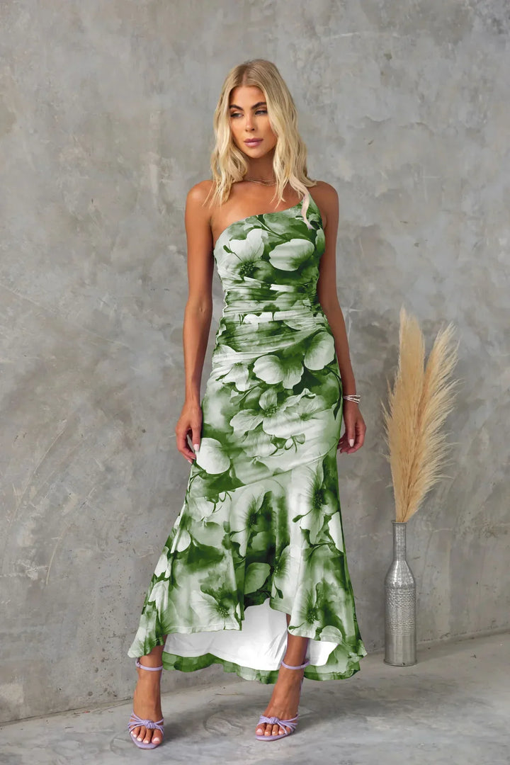 Chic one-shoulder ruched midi dress with floral print, elegant for women's summer occasions.