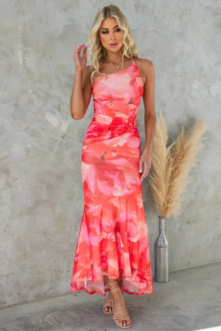 Women's elegant floral midi occasion dress, one-shoulder ruched style, perfect for summer events.