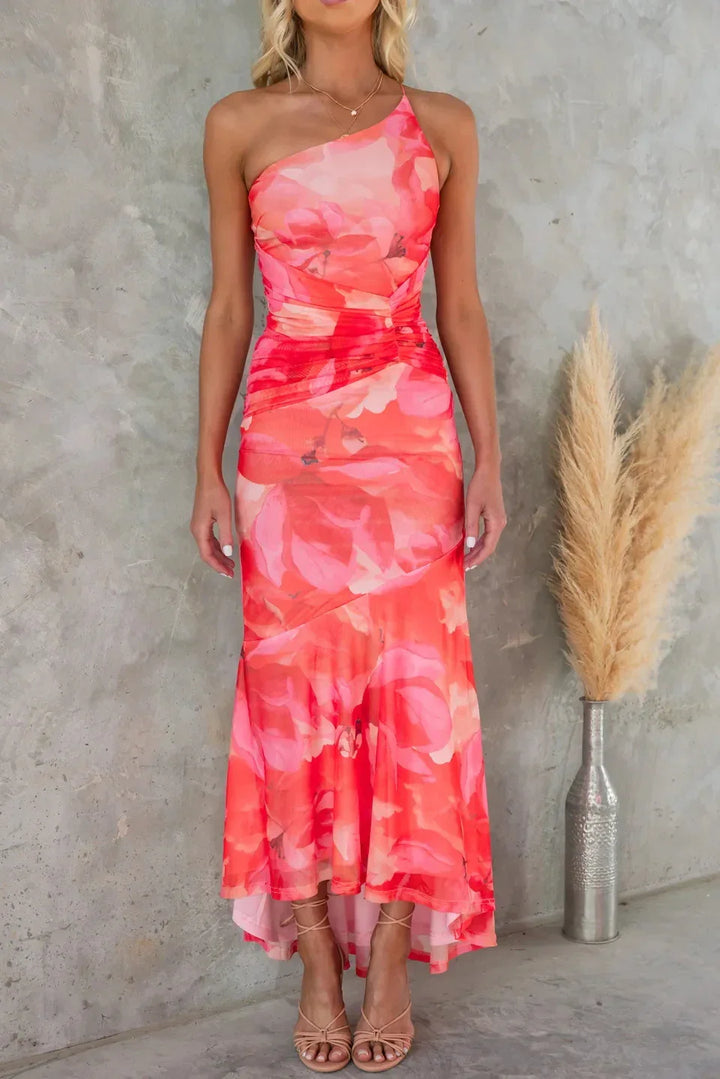 Stylish one-shoulder floral midi dress for women, ruched details, elegant & flowy for summer.