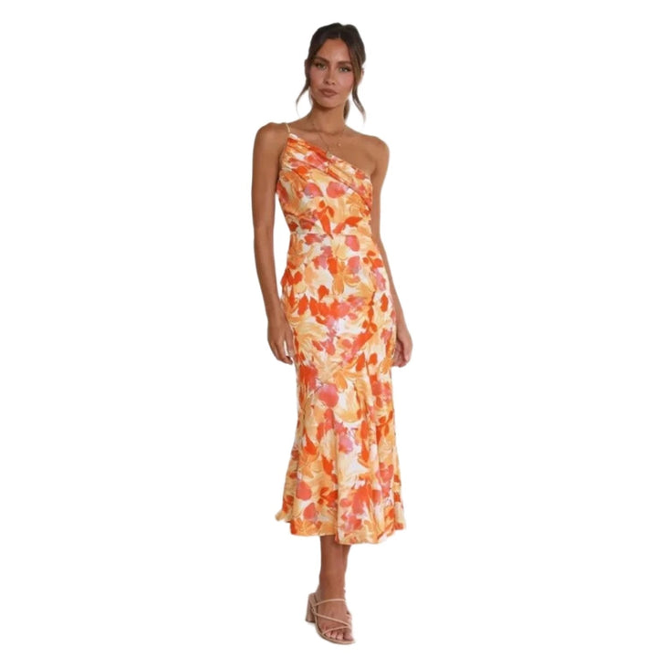 Women's vibrant floral satin one-shoulder maxi gown. Flattering design for special occasion wear.