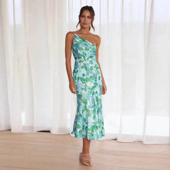 Vibrant floral one-shoulder satin formal dress for women. A stunning piece for evening occasions.