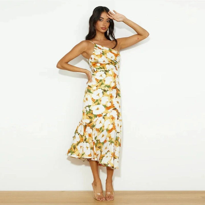 Chic women's elegant floral one-shoulder satin maxi dress. Ideal for formal parties & galas.