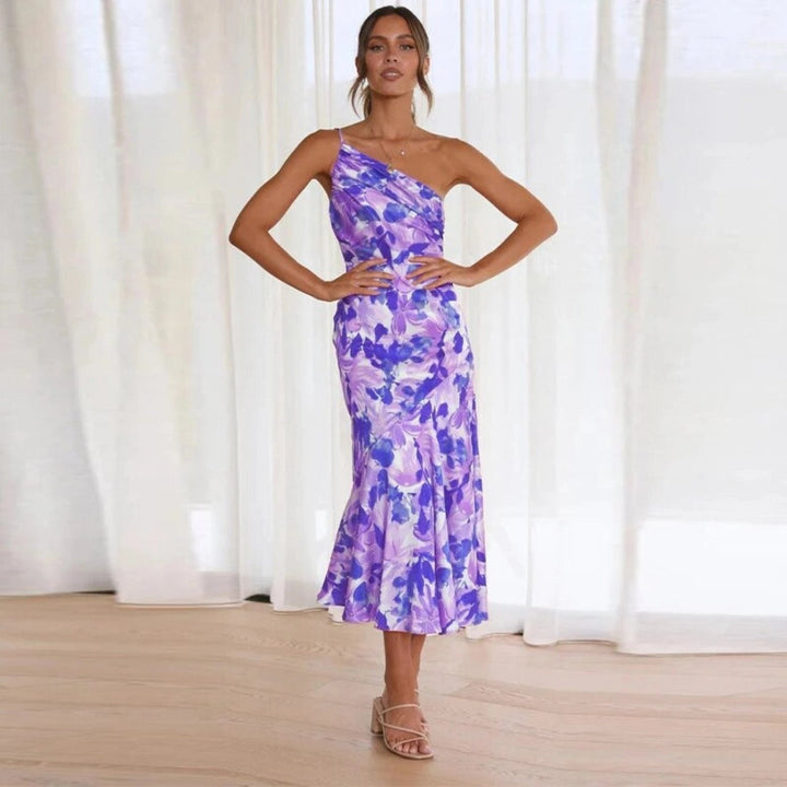 Sophisticated floral print satin evening gown with an elegant one-shoulder neckline for women.