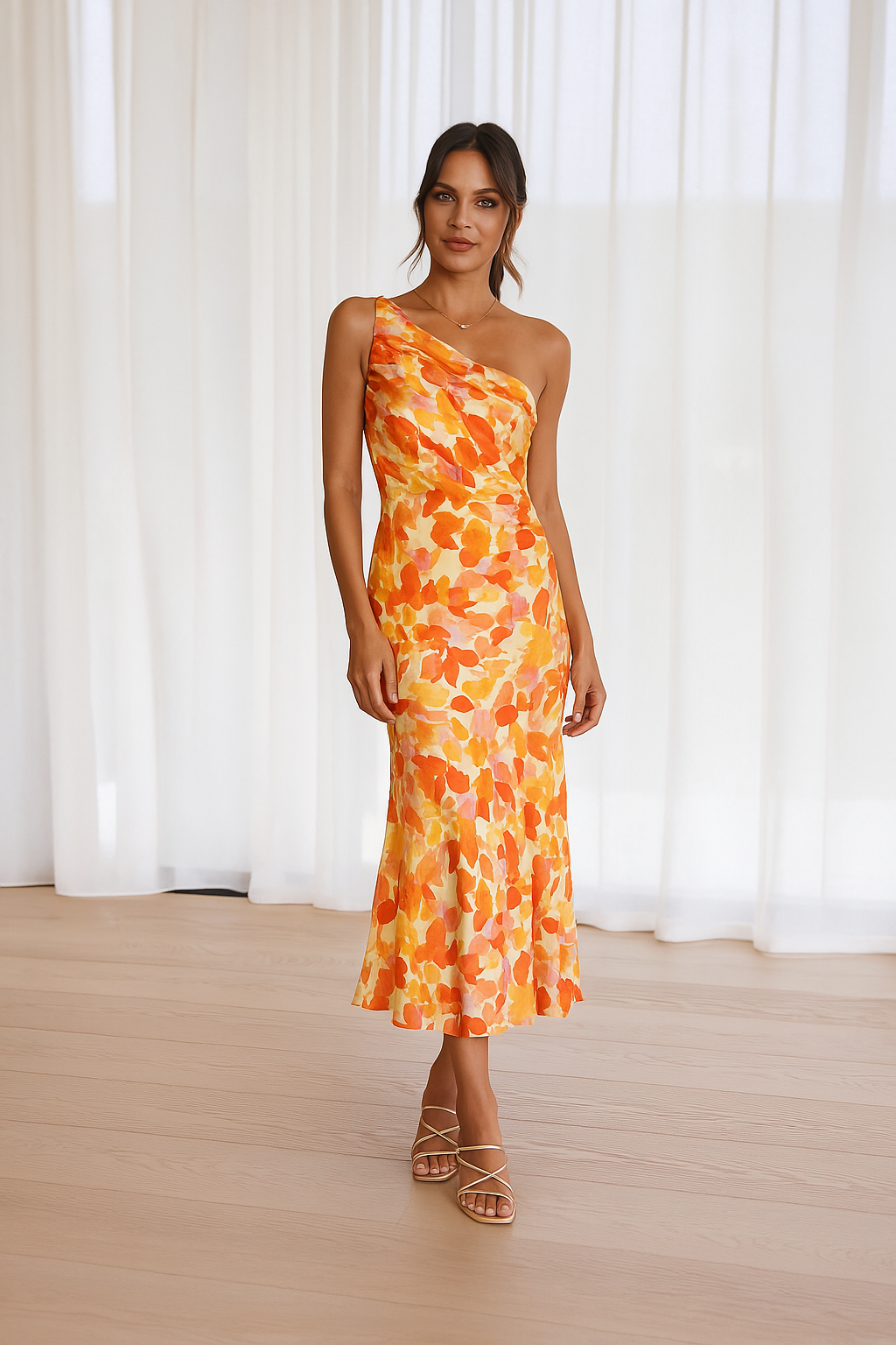 Beautiful floral one-shoulder satin dress, a perfect elegant option for wedding guests or prom.