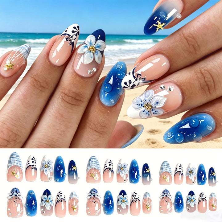 Stylish women's press-on nails with delicate floral nail art. Easy stick-on fake nails for instant beauty & manicure.