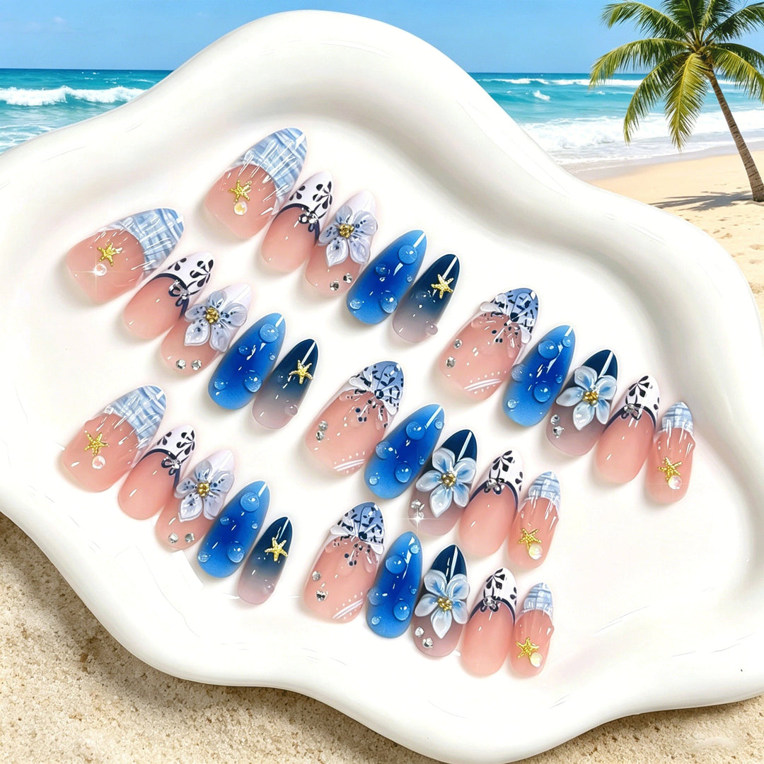Artistic floral design press-on nails for women. Elegant fake nails for a quick & beautiful manicure. Stick on beauty.