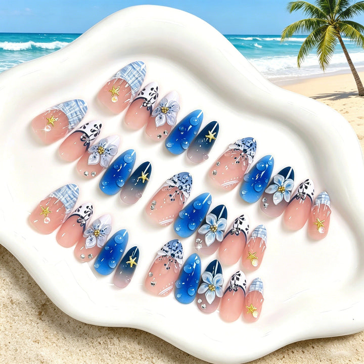 Artistic floral design press-on nails for women. Elegant fake nails for a quick & beautiful manicure. Stick on beauty.