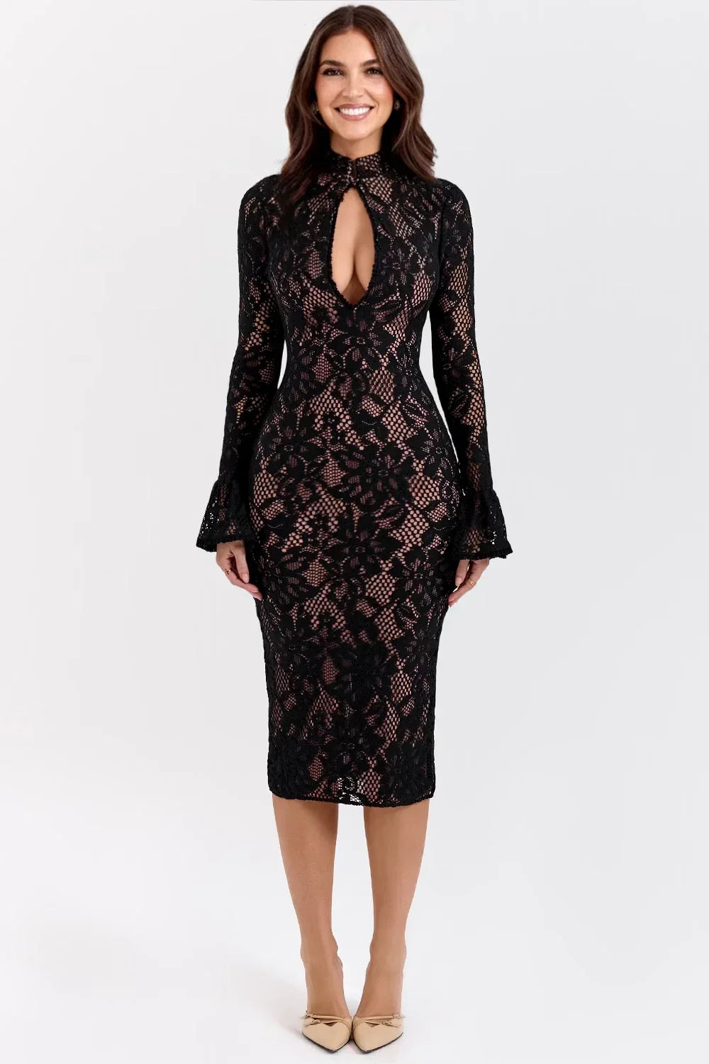 Stylish women's elegant floral midi dress, perfect for romantic evenings or garden parties.