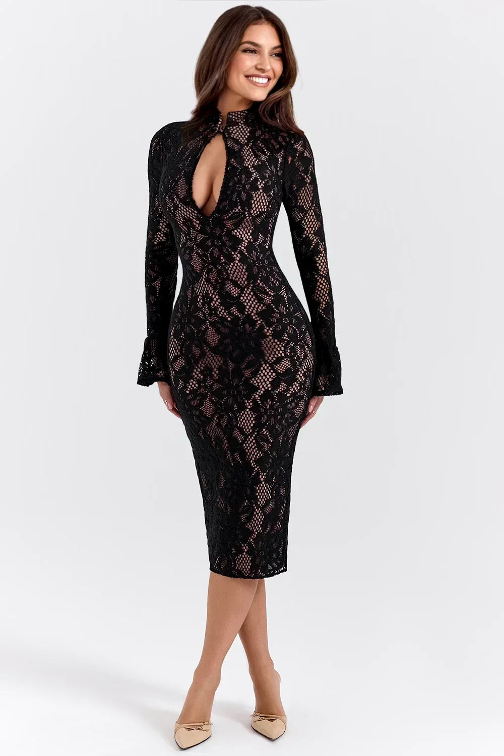 Delicate floral midi dress, women's elegant party wear, suitable for spring, summer, autumn fashion.