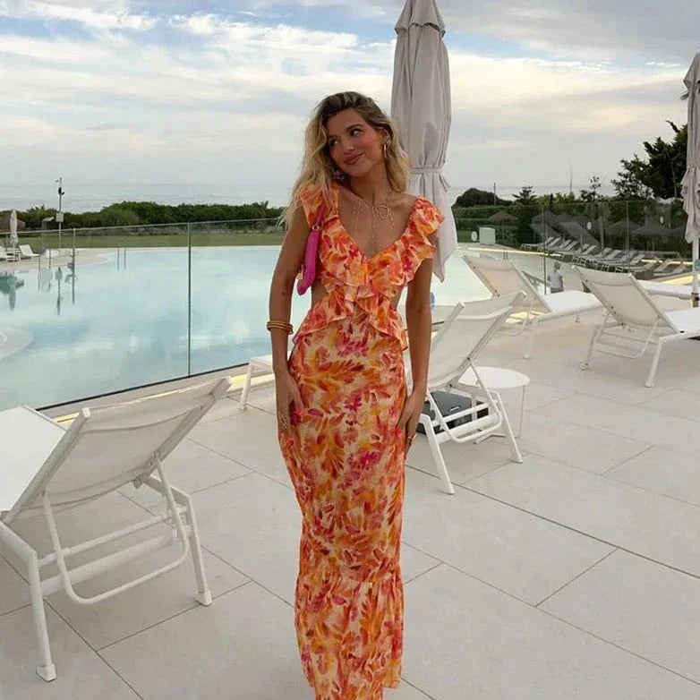 Elegant floral ruffled maxi dress for women with V-neck, perfect for summer or spring fashion.