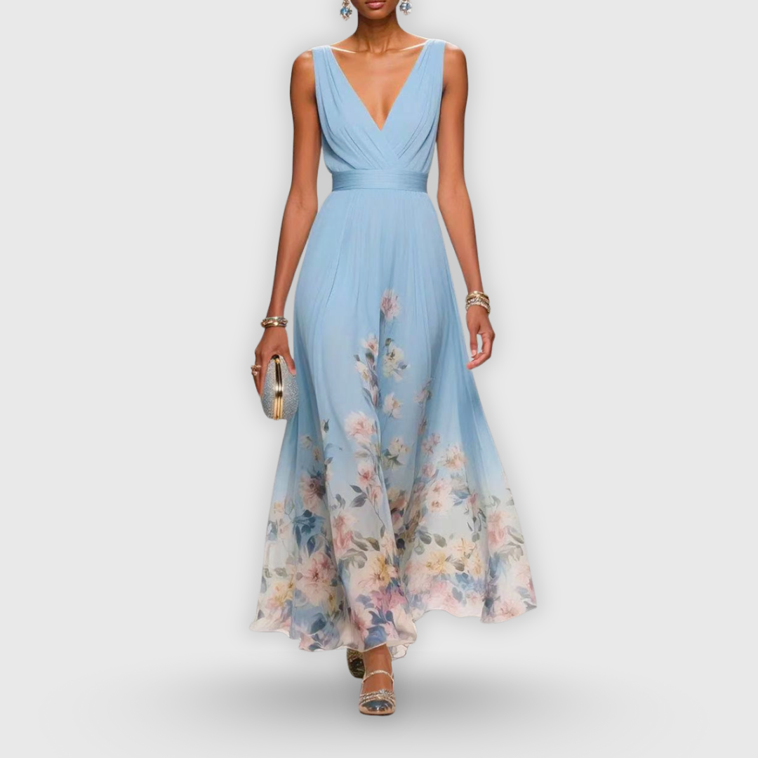 Elegant floral V-neck maxi dress for women, perfect as a wedding guest or formal party dress. Sleeveless summer occasion wear.
