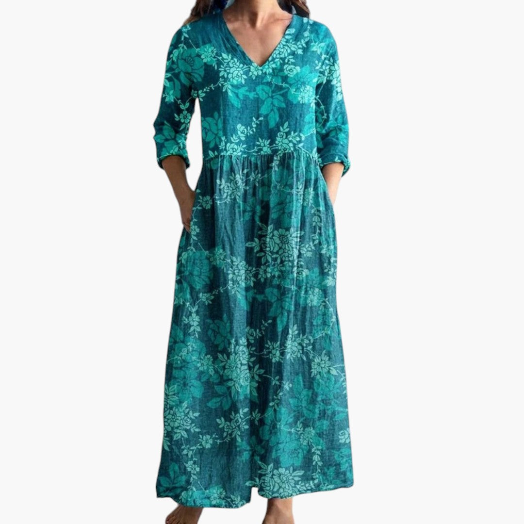 Summer-ready women's floral V-neck maxi dress, a flowy and elegant vacation outfit.